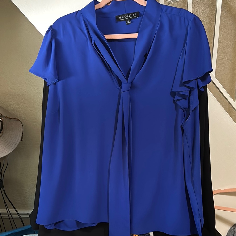 Eloquii Blue Flutter Sleeve Tie Front Blouse
